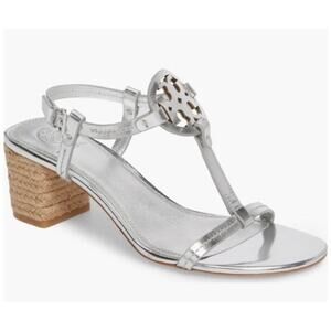 Tory Burch Shoes Metallic Silver Size 8 Sandals Miller Logo T Strap Kitten Heel